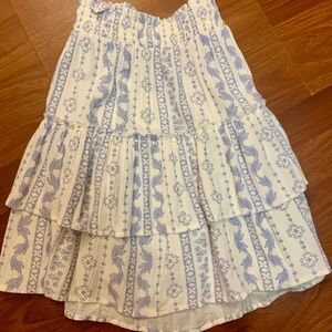 Western/boho layer ruffle tier blue/white paisley floral cottagecore midi skirt.